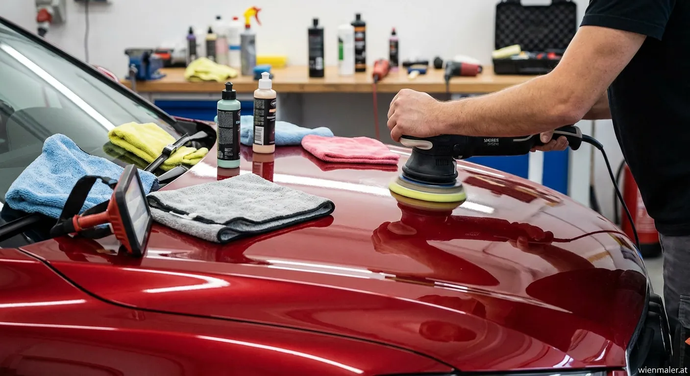 Professionelles Polieren einer lackierten Oberfläche mit Poliermaschine