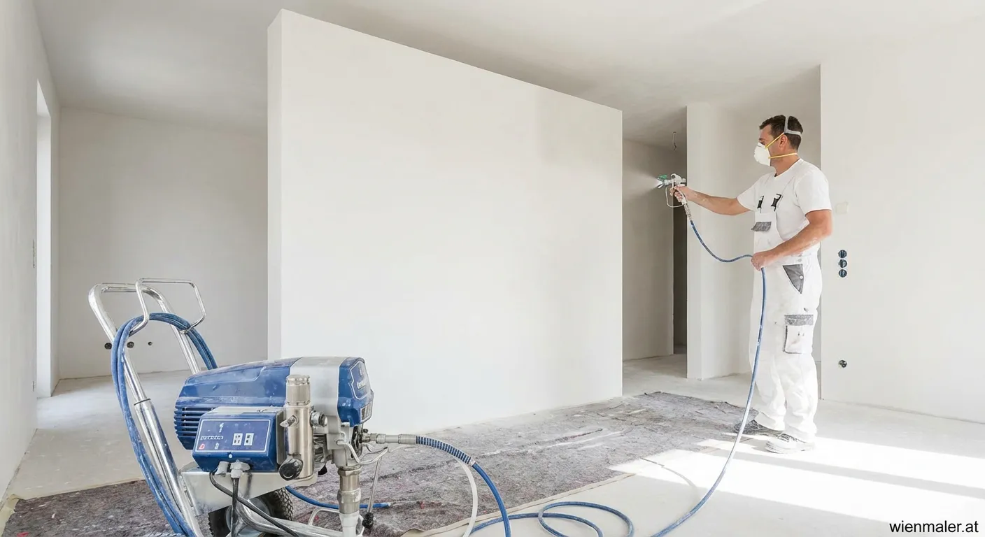 Professioneller Maler trägt Spritzspachtel Airless auf eine Wand auf